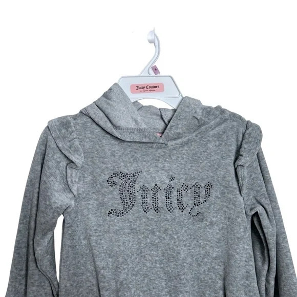 Juicy Couture Little Girls Gray Rhinestone Logo Velour Long Sleeve Ruffle Dress - Picture 3 of 7